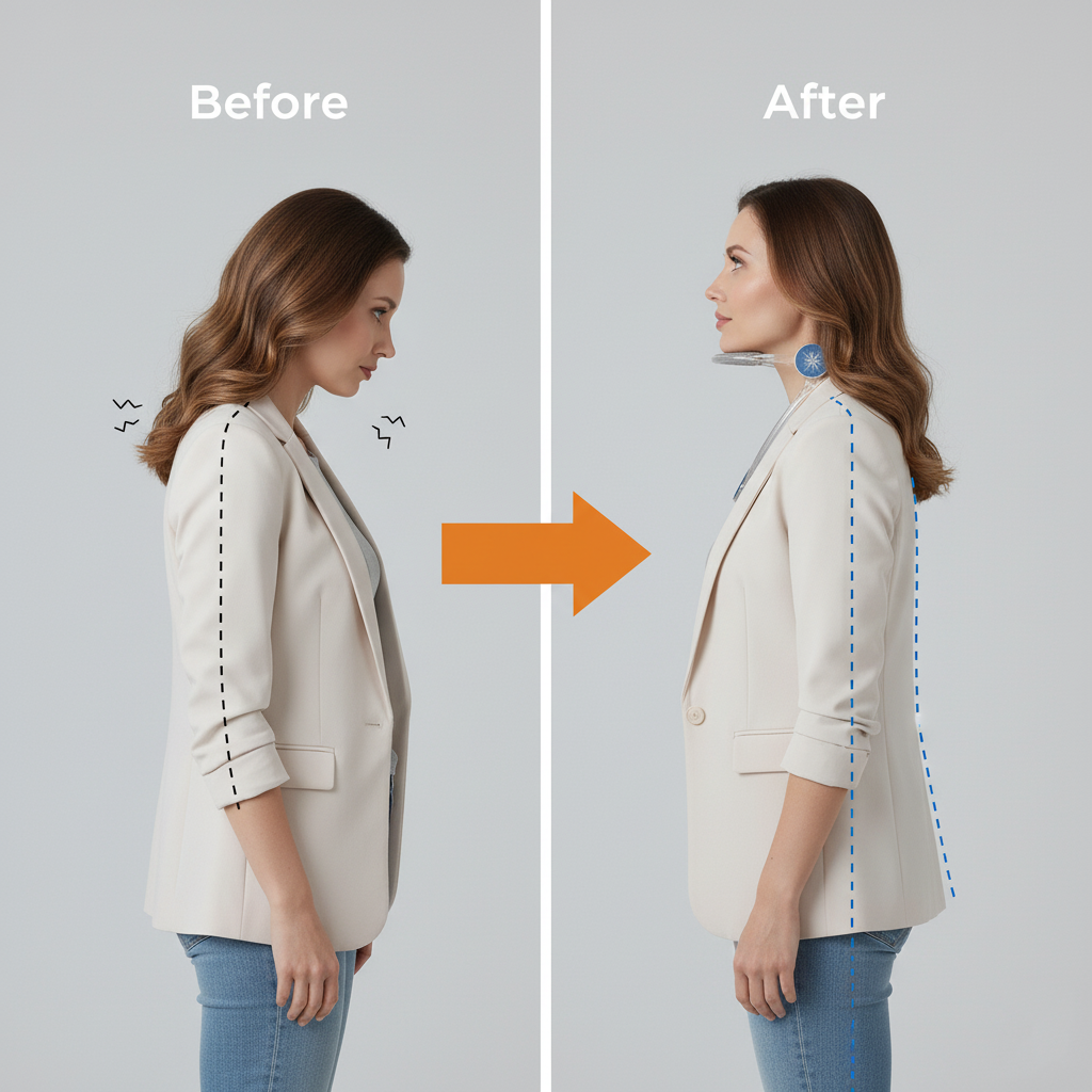 Before and after comparison of a woman wearing a beige blazer on a gray background