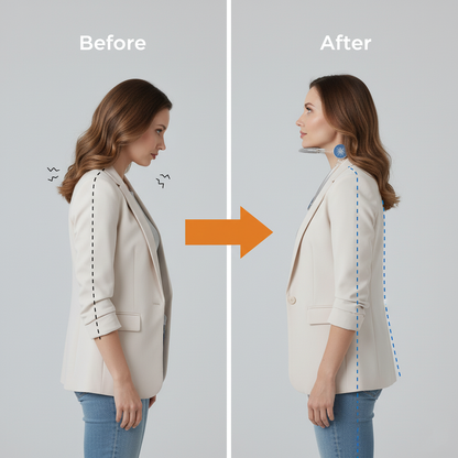 Before and after comparison of a woman wearing a beige blazer on a gray background