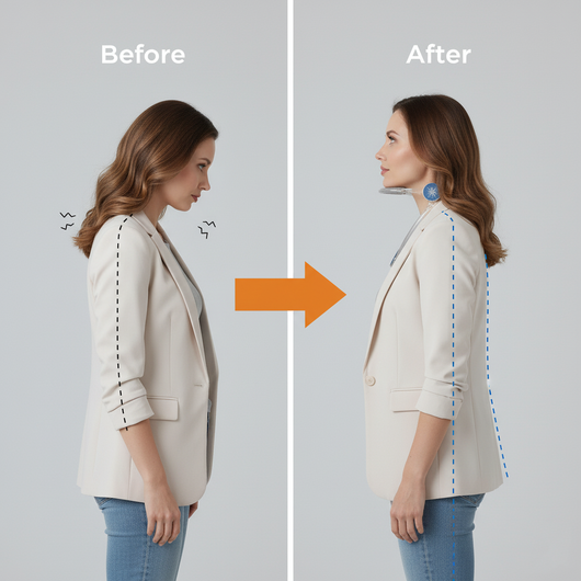 Before and after comparison of a woman wearing a beige blazer on a gray background