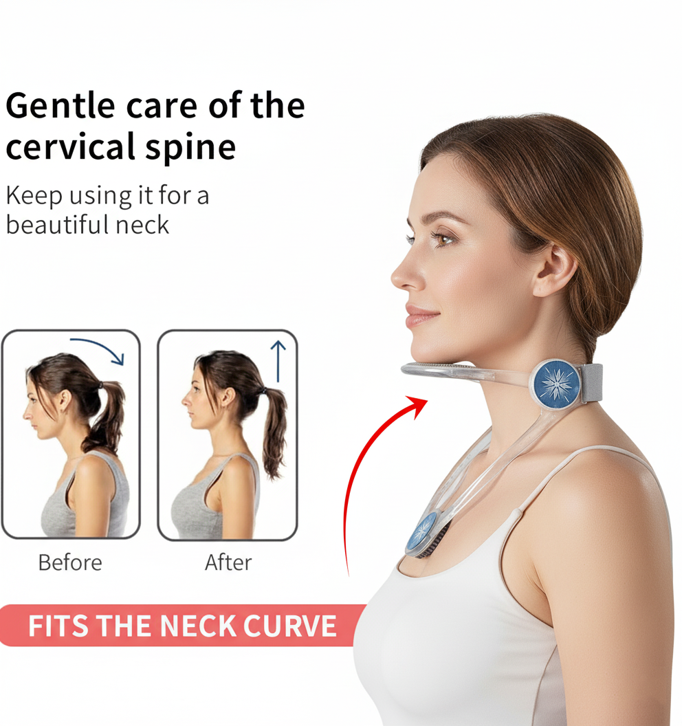 Woman wearing a neck device with text on gentle care of the cervical spine.