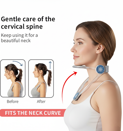 Woman wearing a neck device with text on gentle care of the cervical spine.