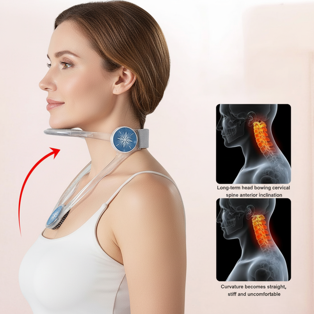 Woman wearing a neck device with an inset showing a before-and-after comparison of cervical spine curvature.