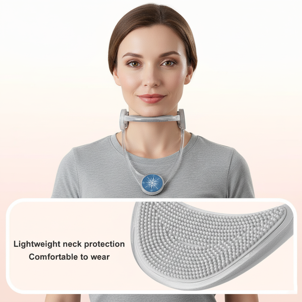 Woman wearing a neck protection device with text about its lightweight nature and comfort.